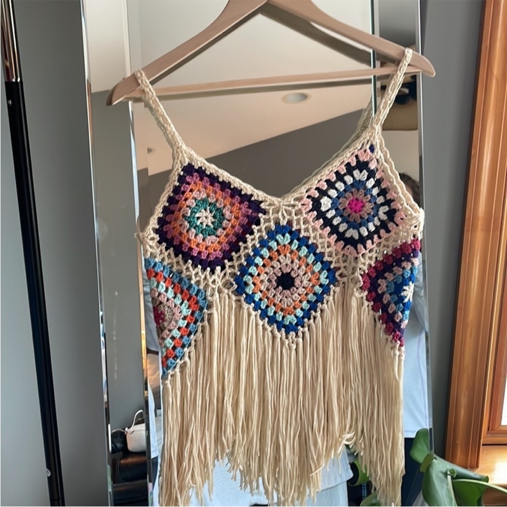 Vintage‎ Multicolor Crochet Fringe Top - Picture 2 of 5